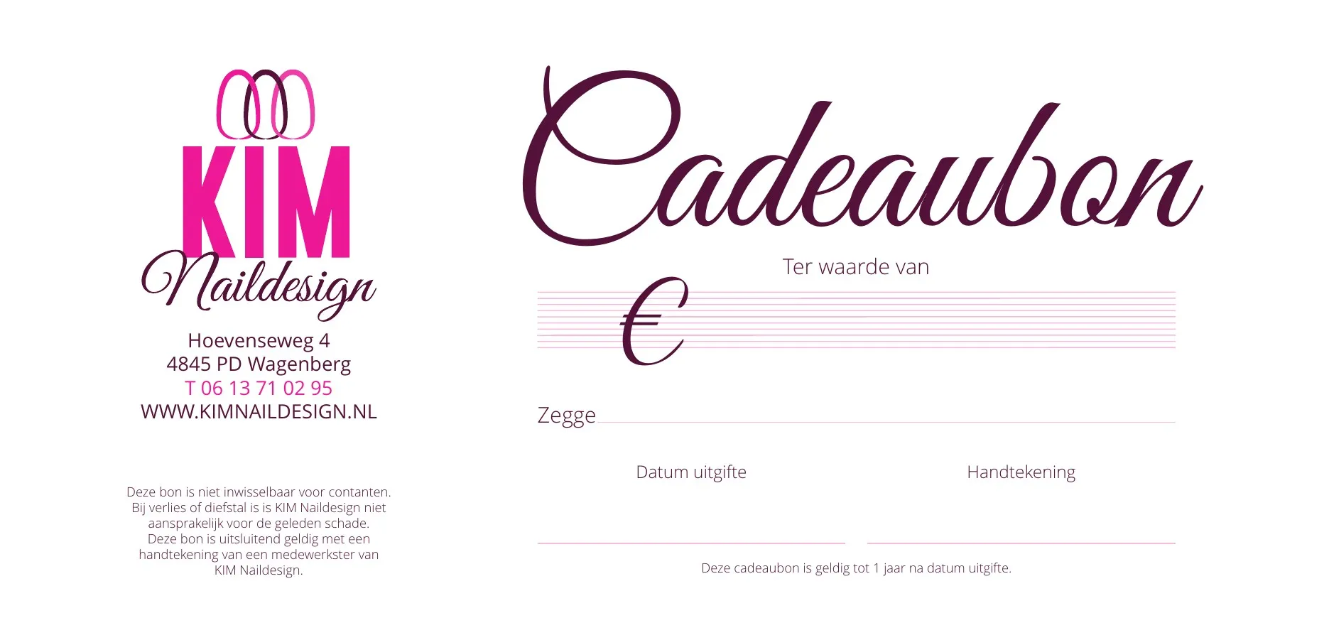 Achterkant van de cadeaubon van Kim Naildesign, met ruimte voor het bedrag